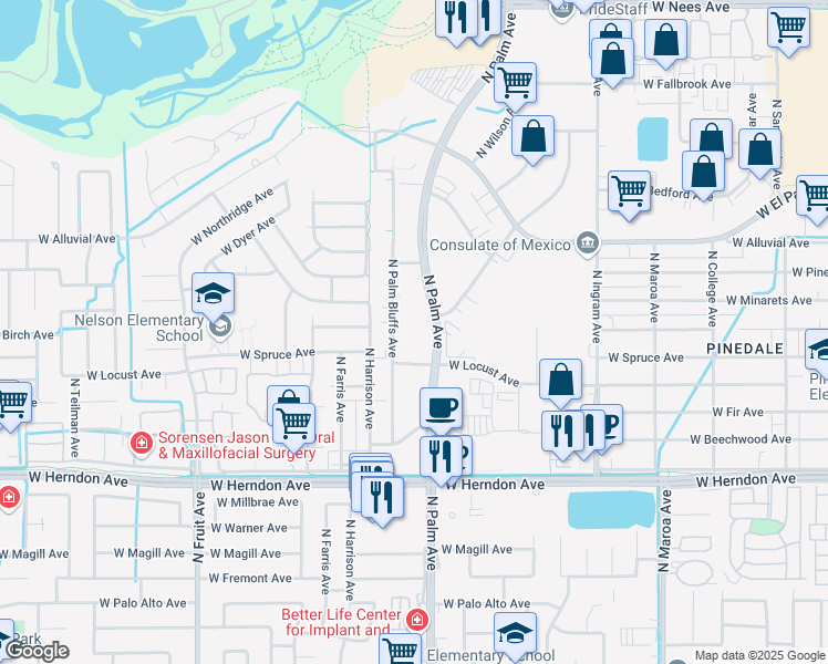 map of restaurants, bars, coffee shops, grocery stores, and more near 7201 North Palm Avenue in Fresno