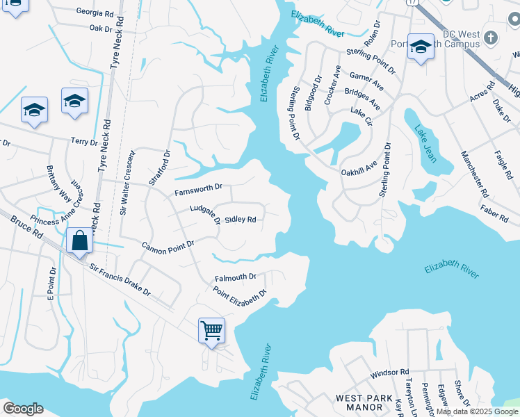map of restaurants, bars, coffee shops, grocery stores, and more near 3704 Sidley Road in Chesapeake