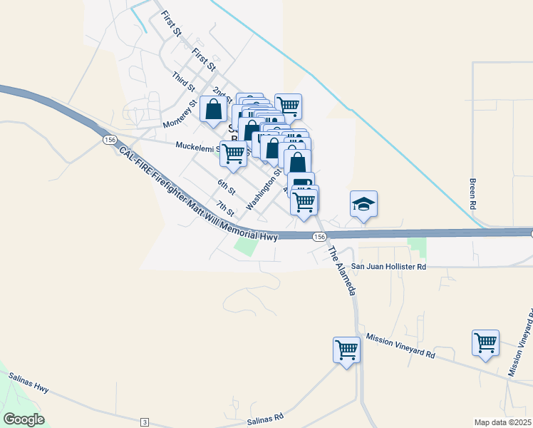 map of restaurants, bars, coffee shops, grocery stores, and more near 85 Franklin Street in San Juan Bautista
