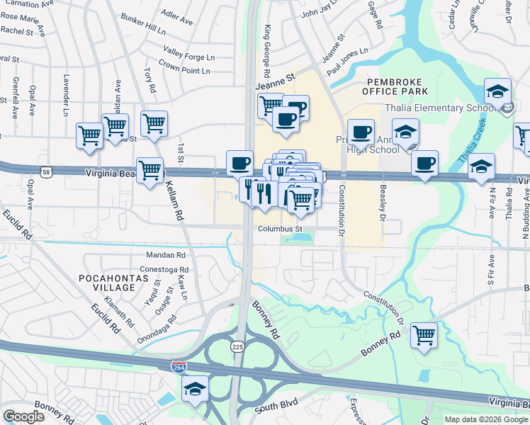 map of restaurants, bars, coffee shops, grocery stores, and more near 4525 Commerce Street in Virginia Beach
