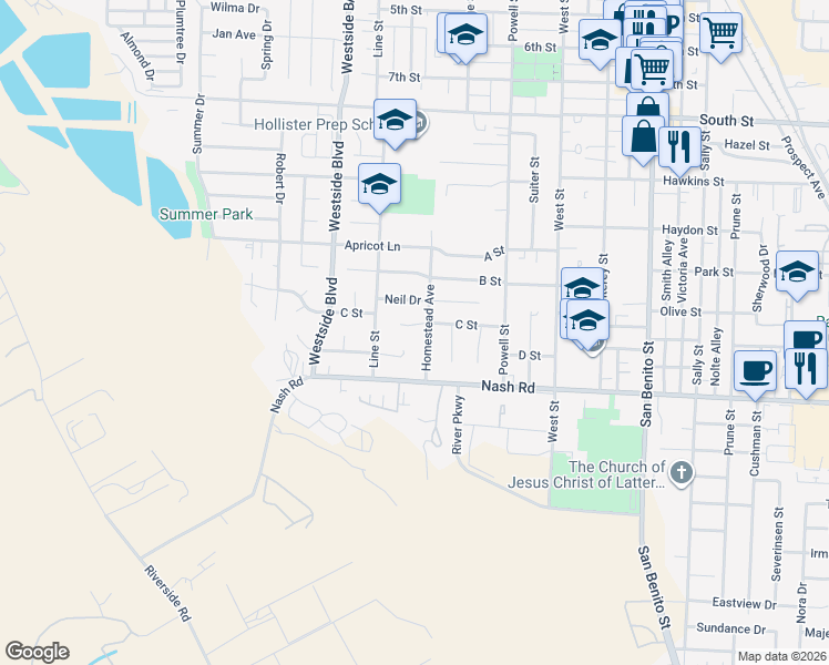 map of restaurants, bars, coffee shops, grocery stores, and more near 821 C Street in Hollister