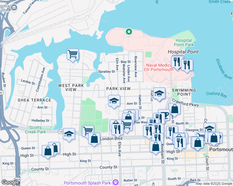 map of restaurants, bars, coffee shops, grocery stores, and more near 212 Elm Avenue in Portsmouth