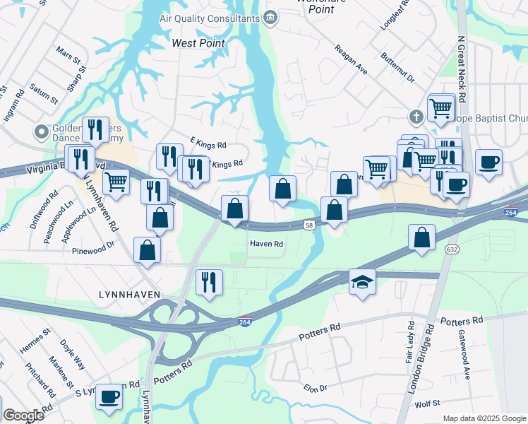 map of restaurants, bars, coffee shops, grocery stores, and more near 2572 Virginia Beach Boulevard in Virginia Beach