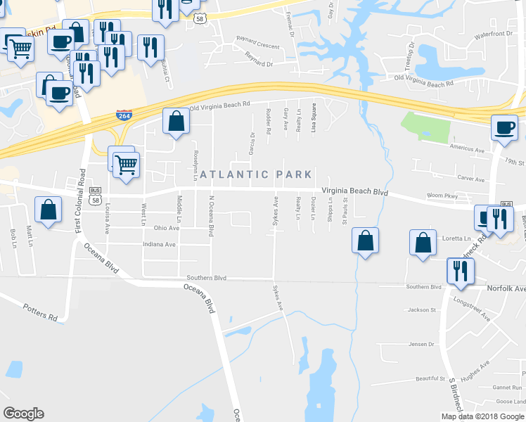 map of restaurants, bars, coffee shops, grocery stores, and more near 241 Sykes Avenue in Virginia Beach