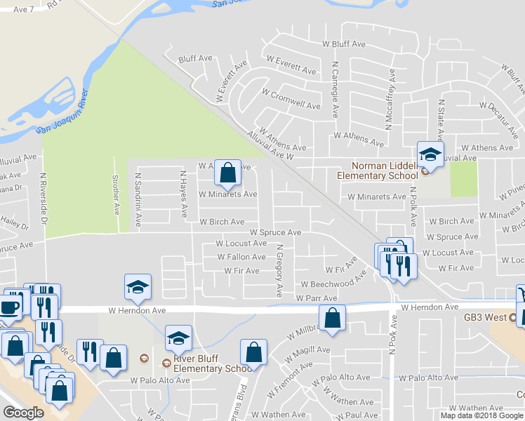 map of restaurants, bars, coffee shops, grocery stores, and more near 7308 North Gregory Avenue in Fresno