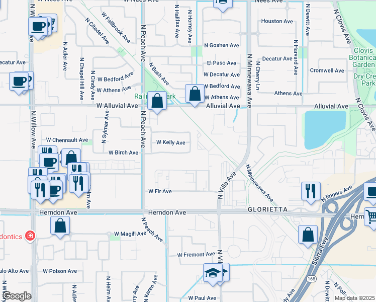 map of restaurants, bars, coffee shops, grocery stores, and more near 230 West Birch Avenue in Clovis