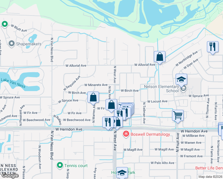 map of restaurants, bars, coffee shops, grocery stores, and more near 2050 West Birch Avenue in Fresno