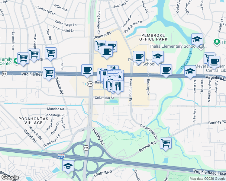 map of restaurants, bars, coffee shops, grocery stores, and more near 165 Central Park Avenue in Virginia Beach