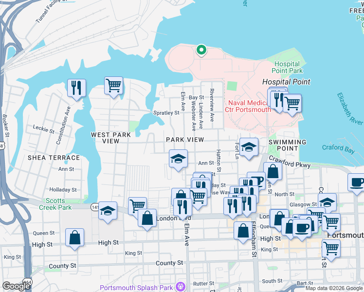 map of restaurants, bars, coffee shops, grocery stores, and more near 221 Armstrong Street in Portsmouth