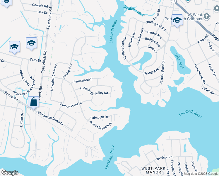 map of restaurants, bars, coffee shops, grocery stores, and more near 3704 Sidley Road in Chesapeake