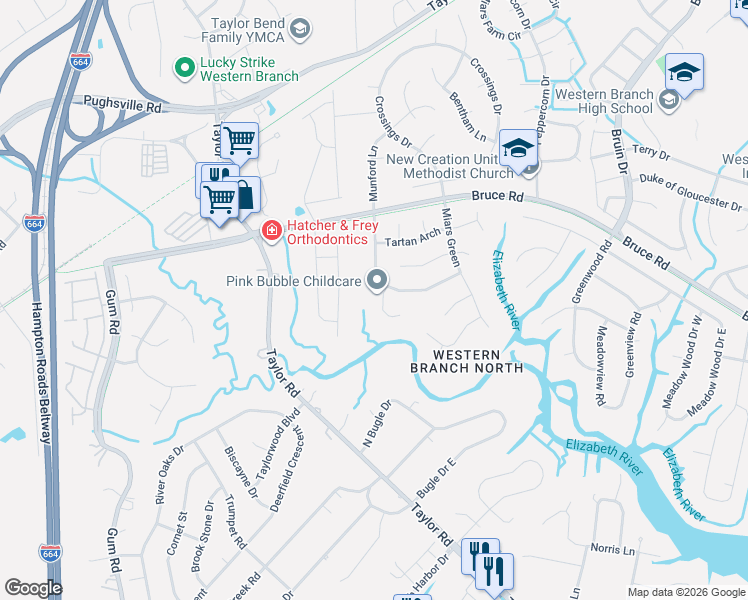 map of restaurants, bars, coffee shops, grocery stores, and more near 3221 Duquesne Drive in Chesapeake
