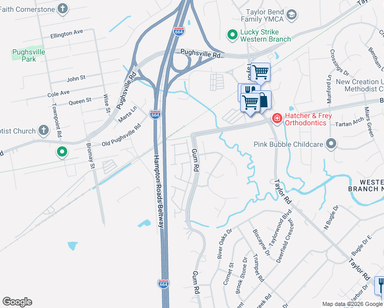 map of restaurants, bars, coffee shops, grocery stores, and more near 3000-3058 Gum Road in Chesapeake