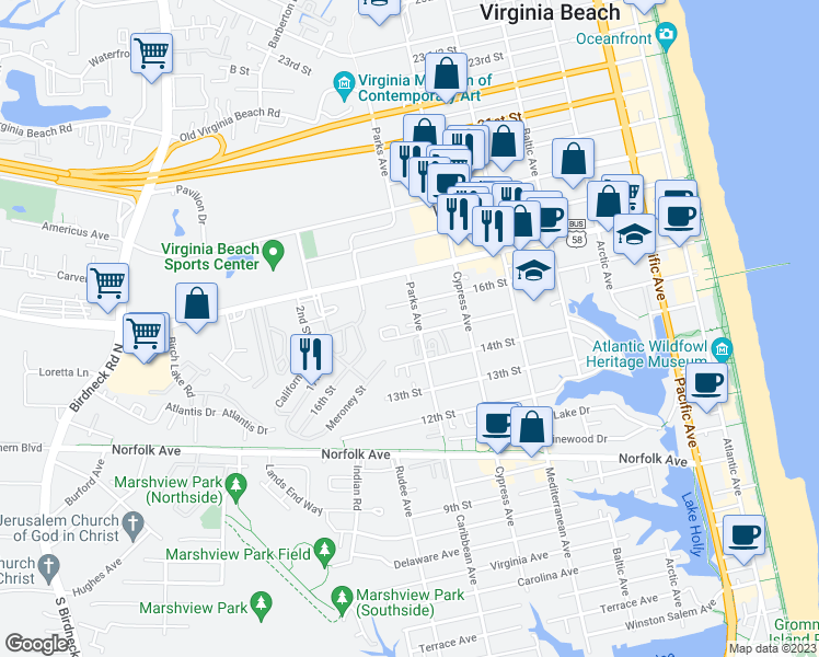 map of restaurants, bars, coffee shops, grocery stores, and more near 805 15th Street in Virginia Beach