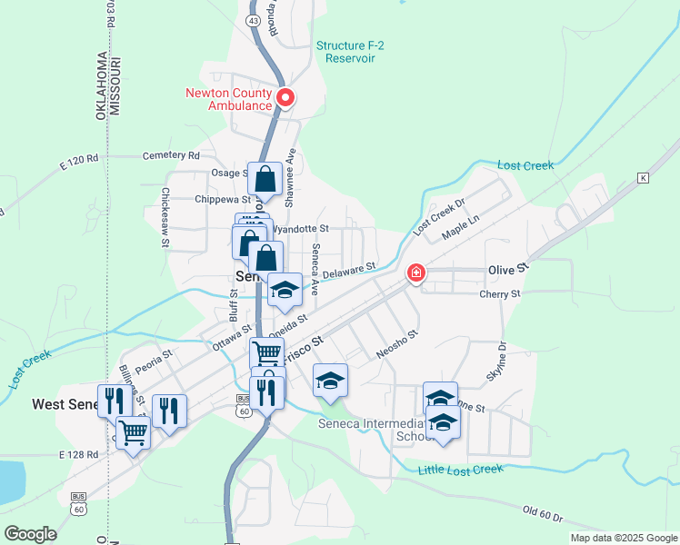 map of restaurants, bars, coffee shops, grocery stores, and more near 1203 Delaware St in Seneca