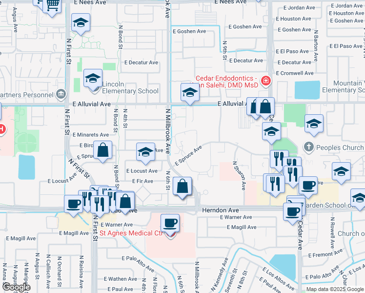 map of restaurants, bars, coffee shops, grocery stores, and more near 1100 East Spruce Avenue in Fresno