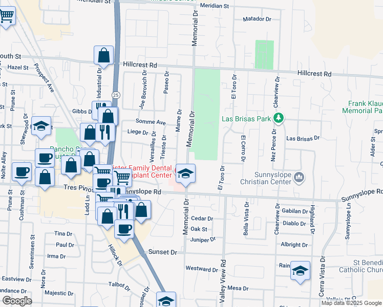 map of restaurants, bars, coffee shops, grocery stores, and more near 1221 Memorial Drive in Hollister