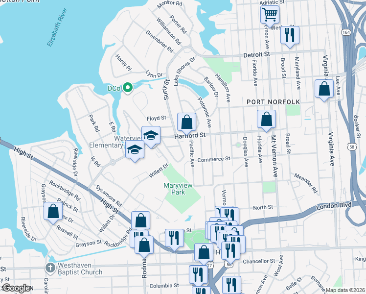 map of restaurants, bars, coffee shops, grocery stores, and more near 713 Lanier Crescent in Portsmouth