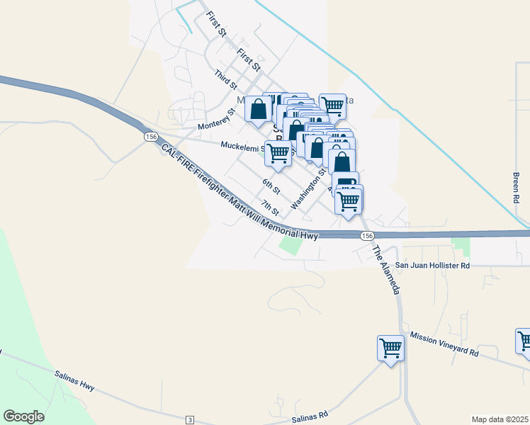 map of restaurants, bars, coffee shops, grocery stores, and more near 305 7th Street in San Juan Bautista