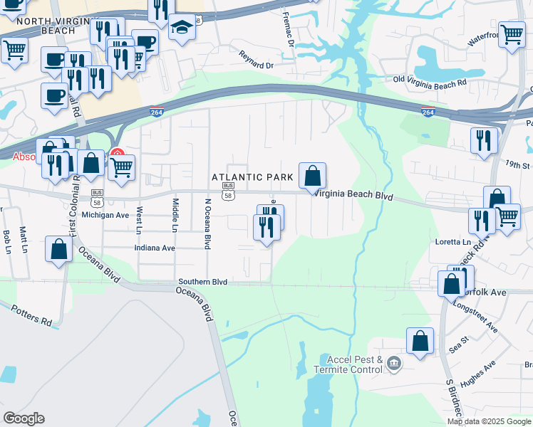 map of restaurants, bars, coffee shops, grocery stores, and more near 241 Sykes Avenue in Virginia Beach