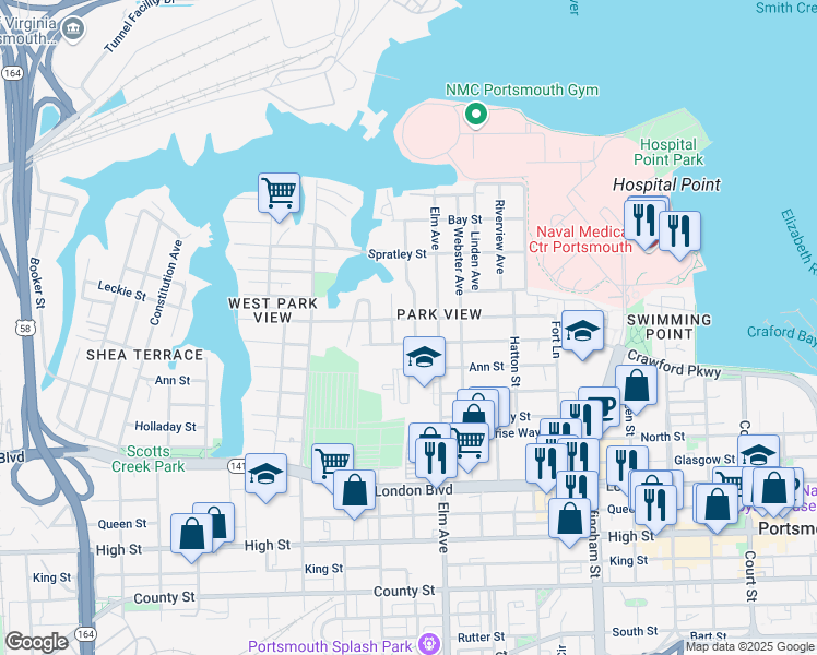 map of restaurants, bars, coffee shops, grocery stores, and more near 204 Armstrong Street in Portsmouth