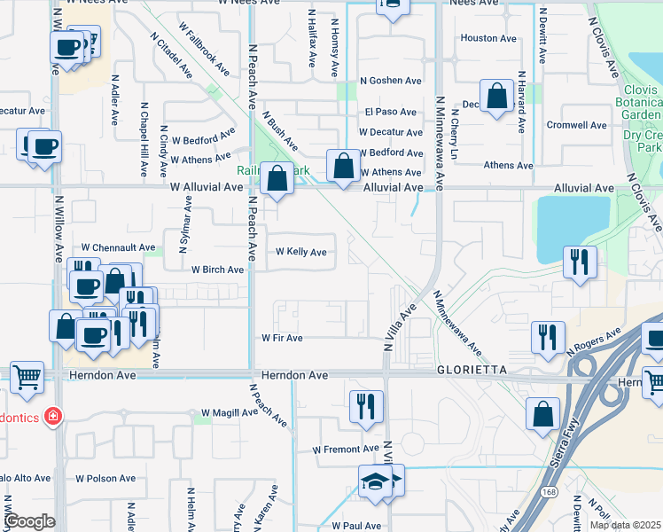 map of restaurants, bars, coffee shops, grocery stores, and more near 230 West Birch Avenue in Clovis