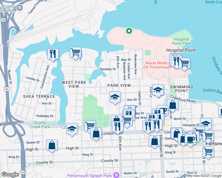 map of restaurants, bars, coffee shops, grocery stores, and more near 204 Armstrong Street in Portsmouth