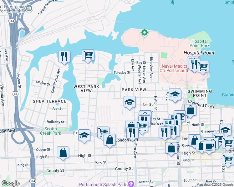 map of restaurants, bars, coffee shops, grocery stores, and more near 1411 Leckie Street in Portsmouth
