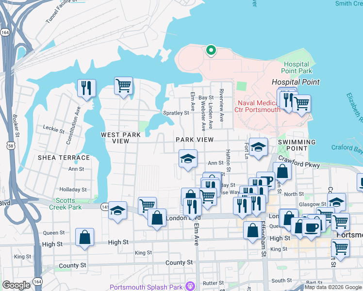 map of restaurants, bars, coffee shops, grocery stores, and more near 204 Armstrong Street in Portsmouth