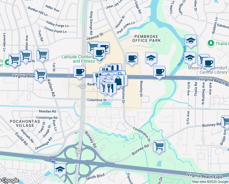 map of restaurants, bars, coffee shops, grocery stores, and more near 4537 Main Street in Virginia Beach