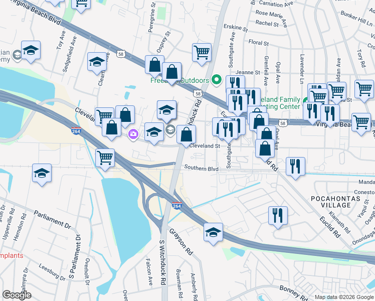 map of restaurants, bars, coffee shops, grocery stores, and more near 132 North Witchduck Road in Virginia Beach