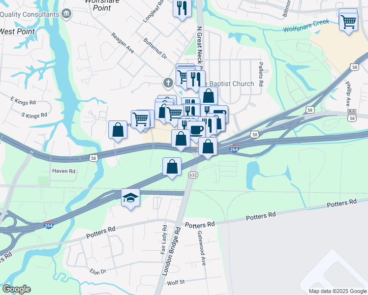 map of restaurants, bars, coffee shops, grocery stores, and more near 2352 Virginia Beach Boulevard in Virginia Beach