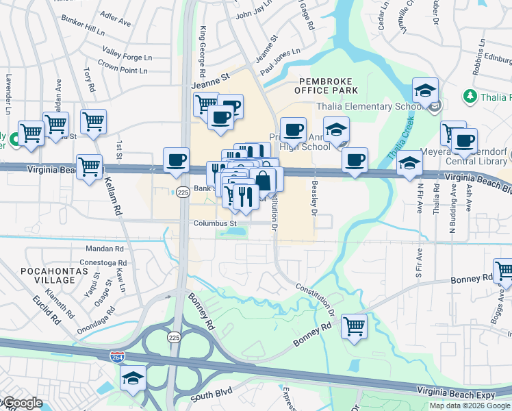 map of restaurants, bars, coffee shops, grocery stores, and more near 4537 Main Street in Virginia Beach