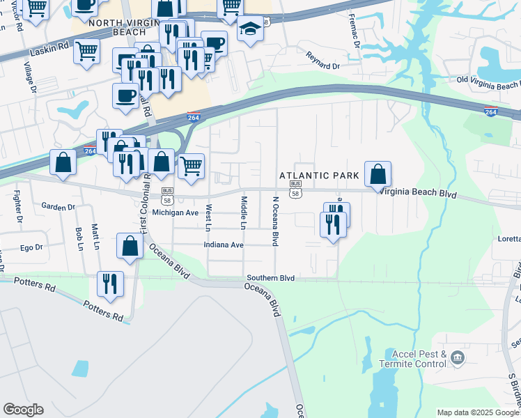 map of restaurants, bars, coffee shops, grocery stores, and more near 230 Roselynn Lane in Virginia Beach