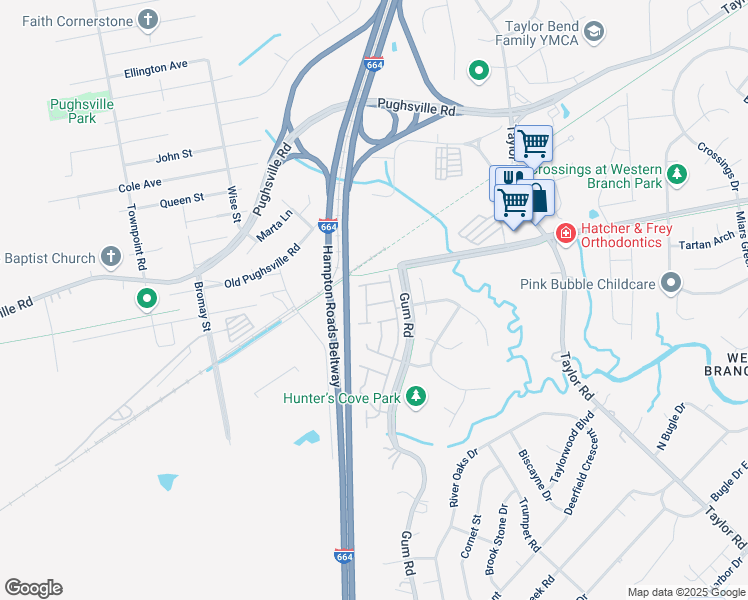 map of restaurants, bars, coffee shops, grocery stores, and more near 4623 Woodmark Trail in Chesapeake