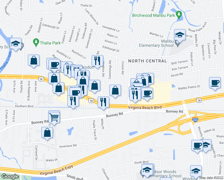 map of restaurants, bars, coffee shops, grocery stores, and more near 340 Lynn Shores Drive in Virginia Beach