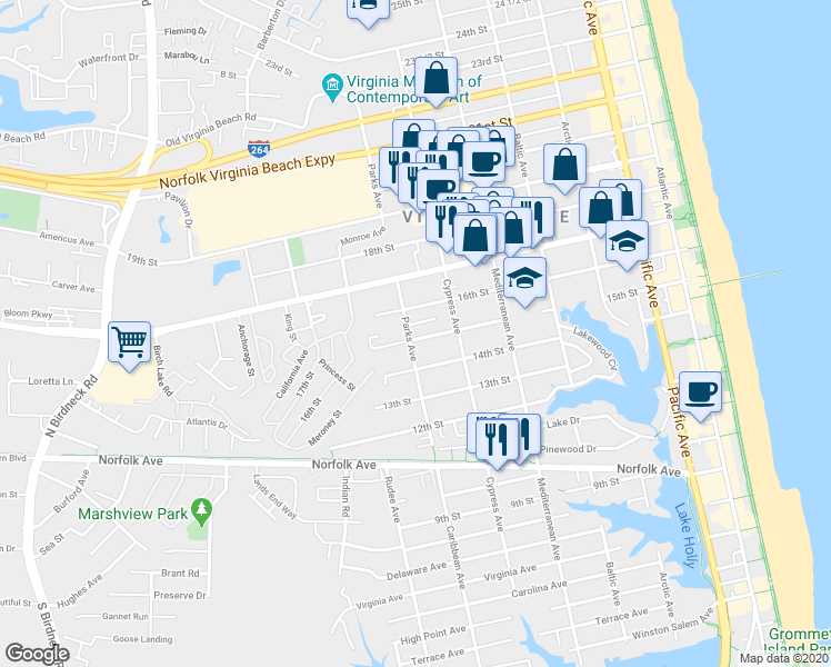map of restaurants, bars, coffee shops, grocery stores, and more near 733 15th Street in Virginia Beach