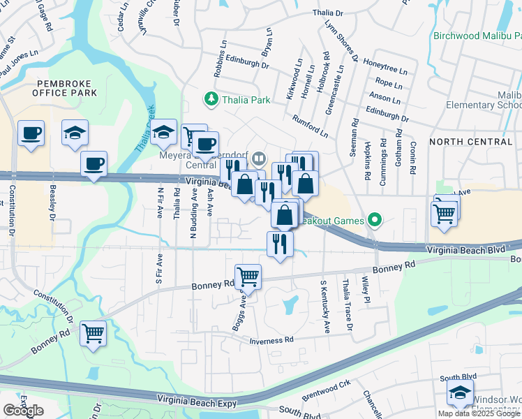 map of restaurants, bars, coffee shops, grocery stores, and more near 230 Thalia Station Drive in Virginia Beach
