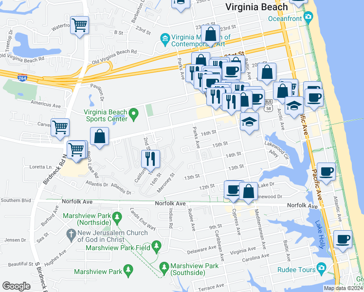 map of restaurants, bars, coffee shops, grocery stores, and more near 821 15 1/2 Street in Virginia Beach