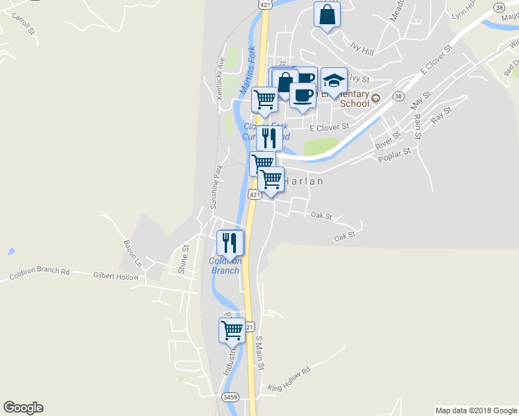 map of restaurants, bars, coffee shops, grocery stores, and more near 501 Martin Street in Harlan