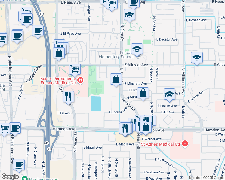 map of restaurants, bars, coffee shops, grocery stores, and more near 7235 North 1st Street in Fresno
