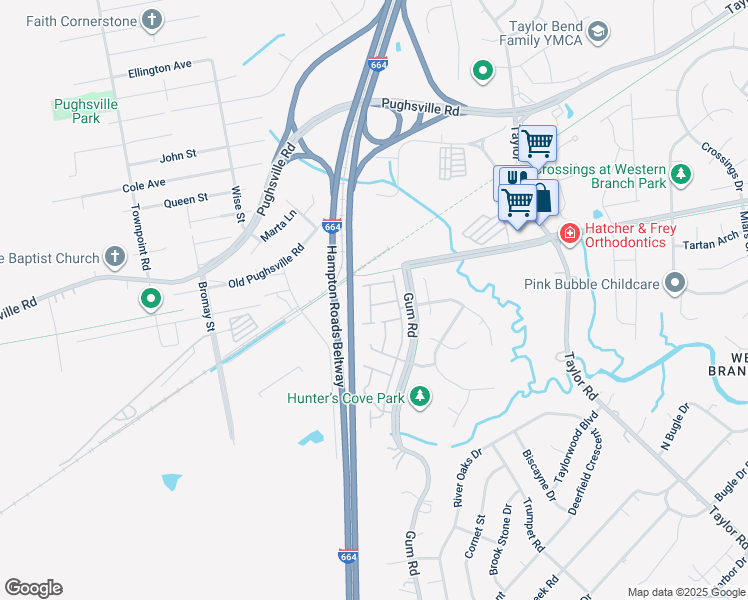 map of restaurants, bars, coffee shops, grocery stores, and more near 4623 Woodmark Trail in Chesapeake