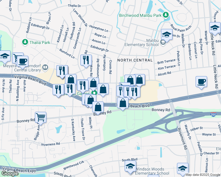 map of restaurants, bars, coffee shops, grocery stores, and more near 329 Birchwood Park Drive in Virginia Beach