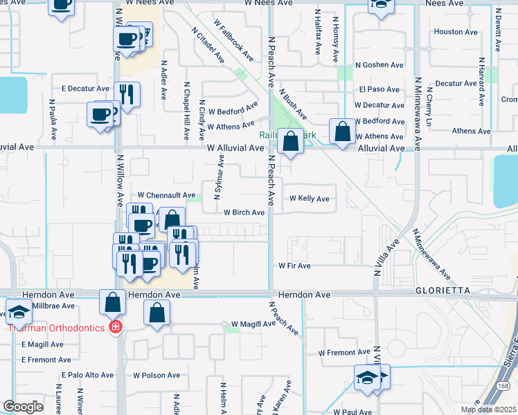 map of restaurants, bars, coffee shops, grocery stores, and more near 448 West Birch Avenue in Clovis