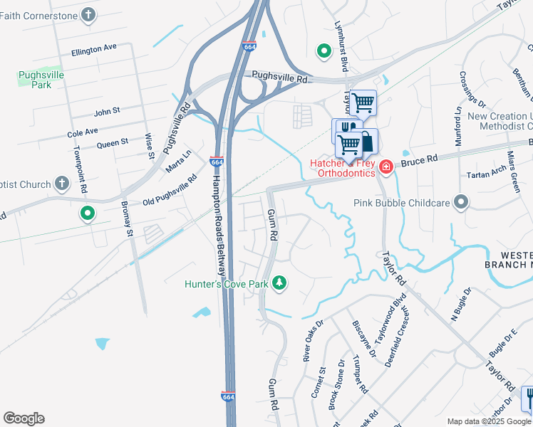 map of restaurants, bars, coffee shops, grocery stores, and more near 3025 Big Bend Drive in Chesapeake