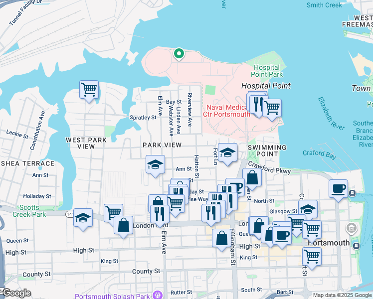 map of restaurants, bars, coffee shops, grocery stores, and more near 1034 Crawford Parkway in Portsmouth