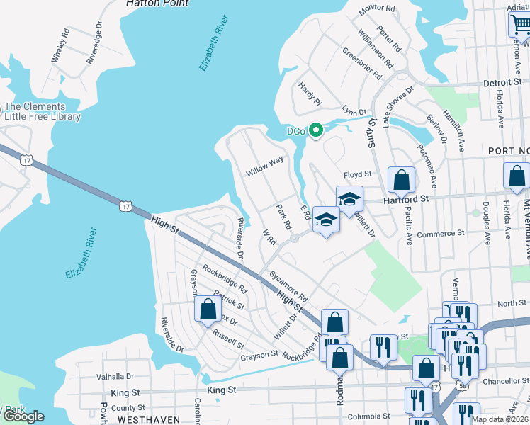 map of restaurants, bars, coffee shops, grocery stores, and more near 306 Park Road in Portsmouth