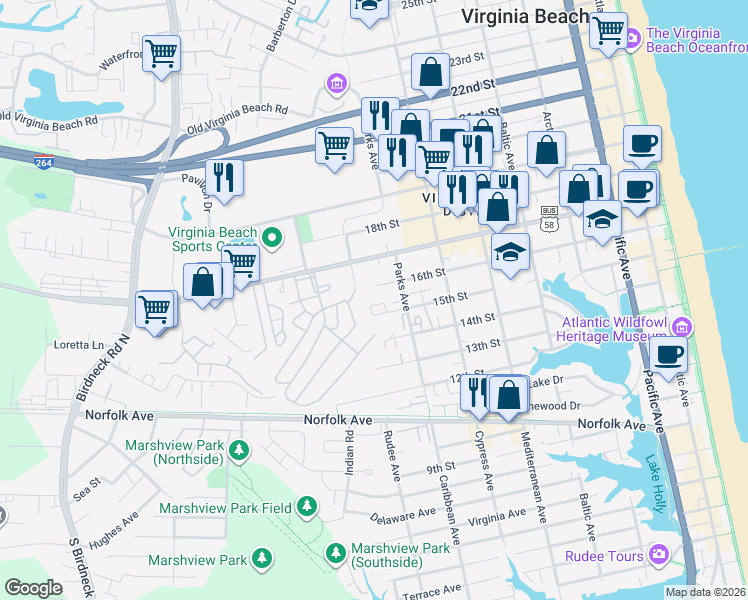 map of restaurants, bars, coffee shops, grocery stores, and more near 824 15th Street in Virginia Beach