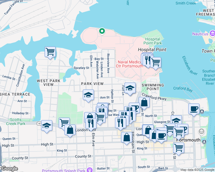 map of restaurants, bars, coffee shops, grocery stores, and more near 1021 Leckie Street in Portsmouth