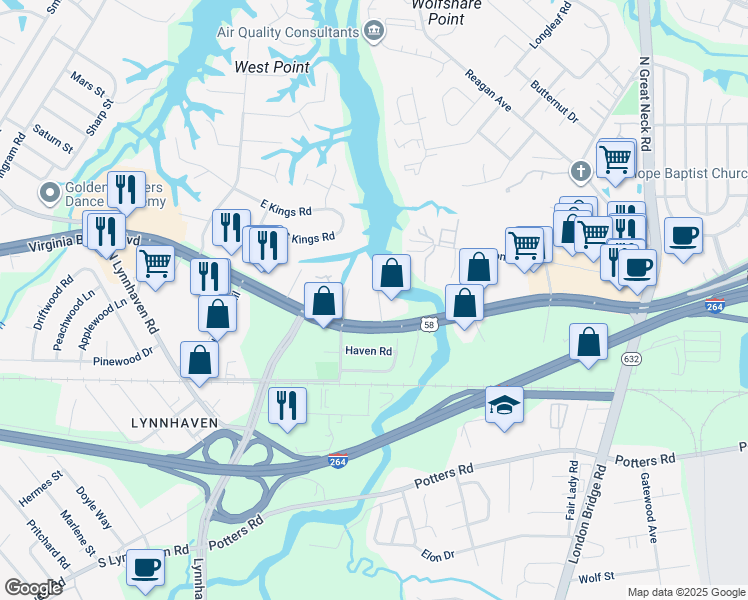map of restaurants, bars, coffee shops, grocery stores, and more near 2572 Virginia Beach Boulevard in Virginia Beach