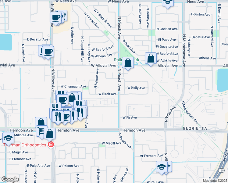 map of restaurants, bars, coffee shops, grocery stores, and more near 448 West Birch Avenue in Clovis
